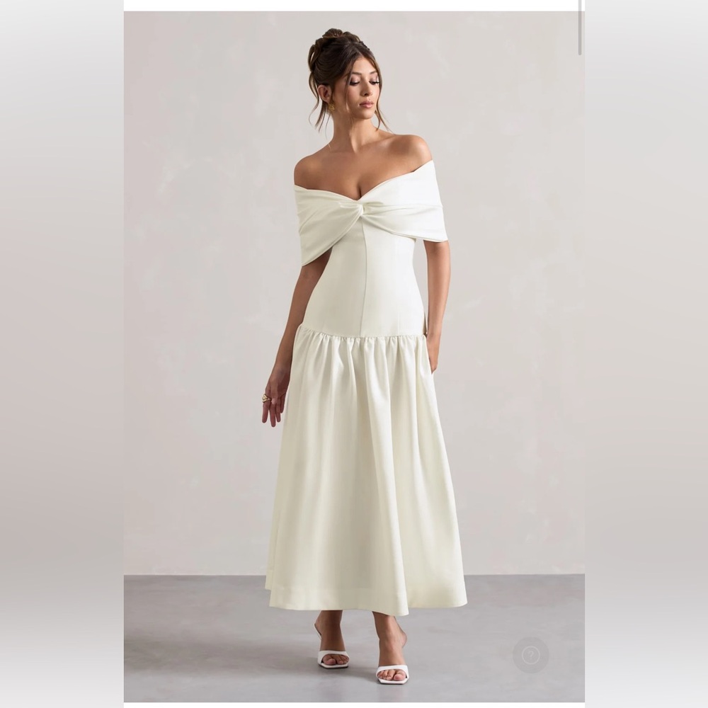 Marguerite | White Twisted Bardot Drop-Waist Maxi Dress